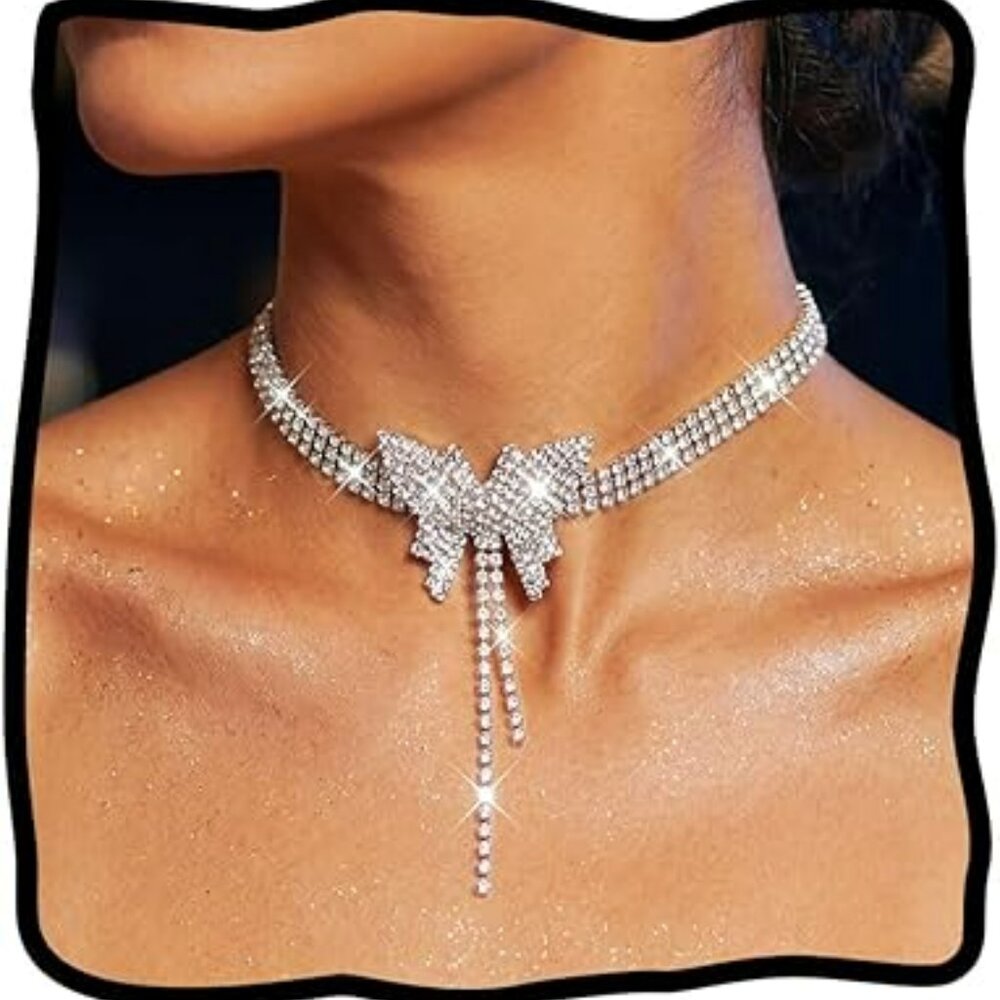 Rhinestone Butterfly Choker Necklace Jewelry Silver‎ Bling Beautiful